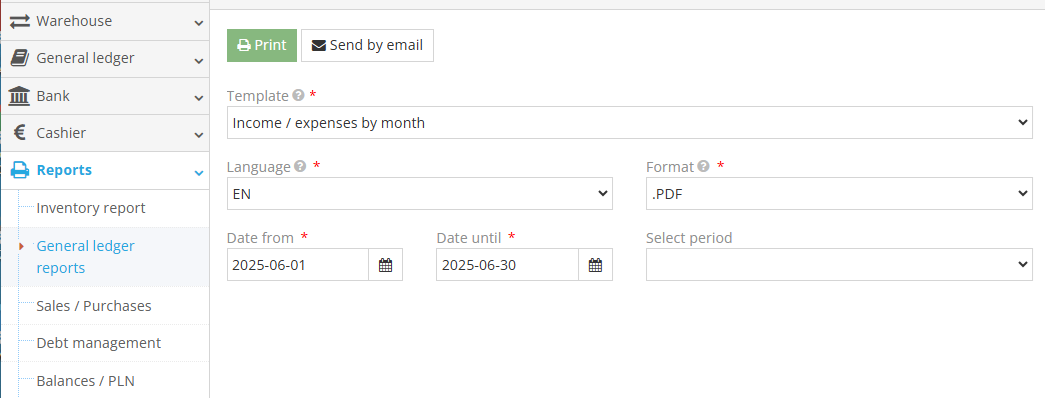 Income and expenses by month report example