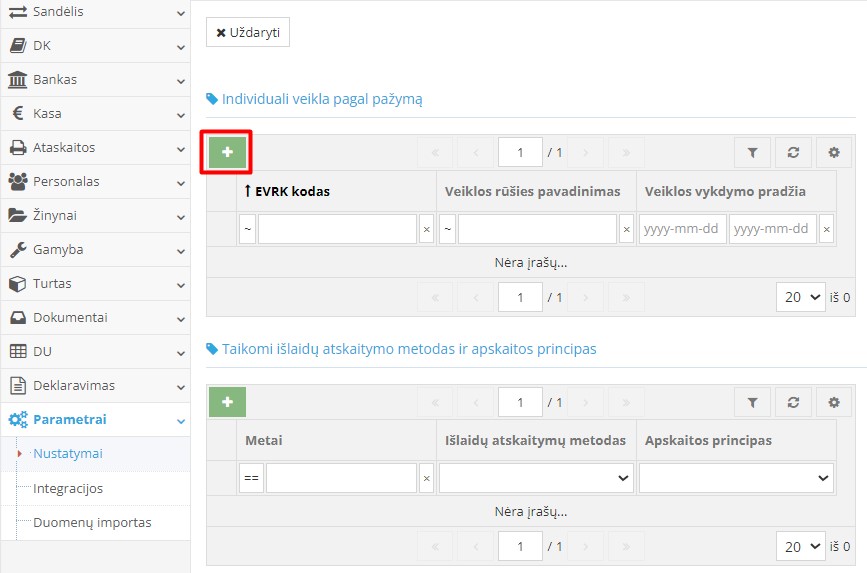 Individualios veiklos pagal pažymą nustatymų langas