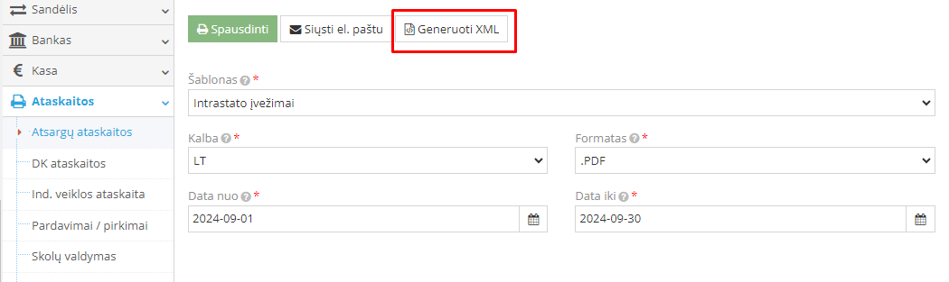 Intrastato ataskaitos generavimas xml formatu
