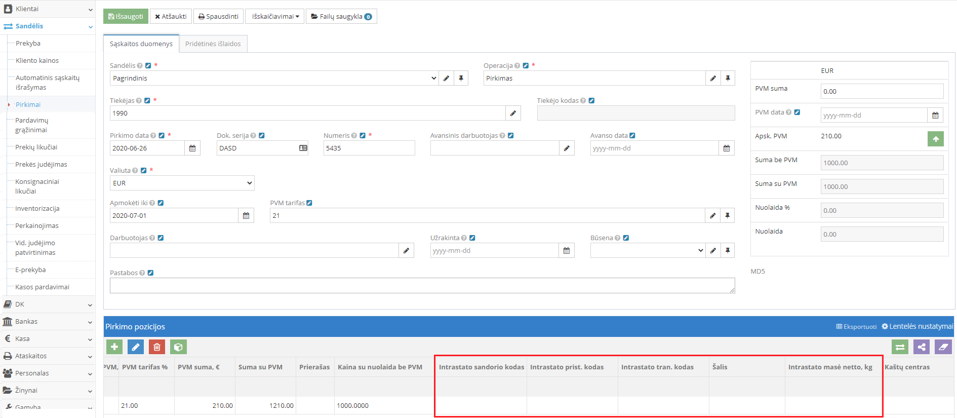 Intrastato laukų pildymas prekės kortelėje