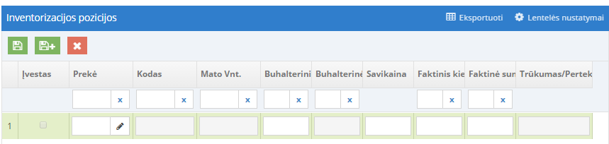 Inventorizacijos pozicijų lentelė su prekėmis