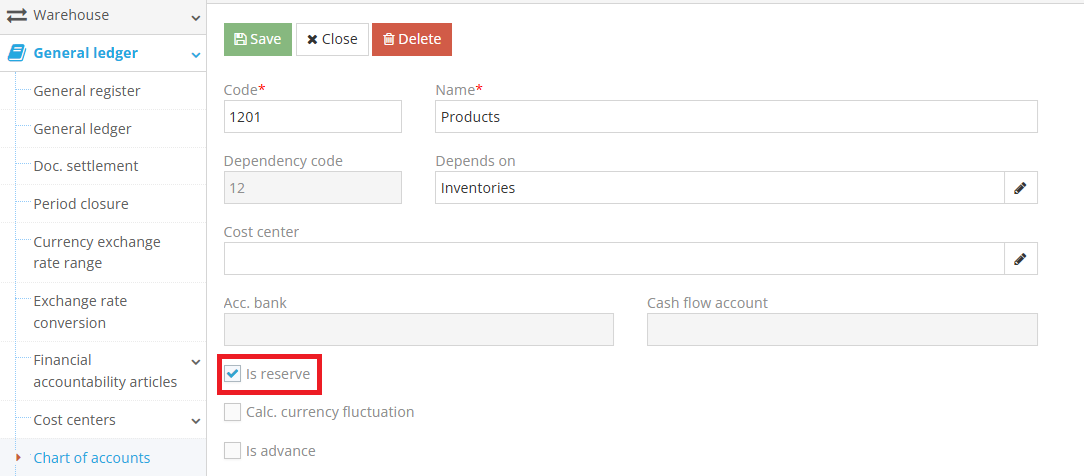 Inventory attribute indication in chart of accounts