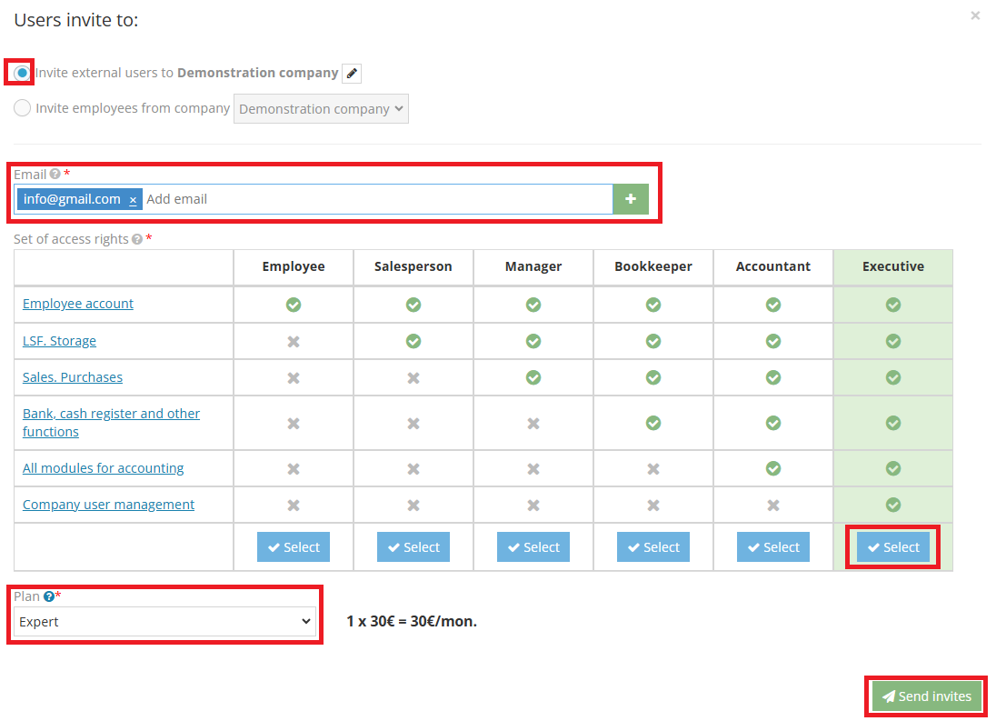 Selecting user rights and plan during invitation