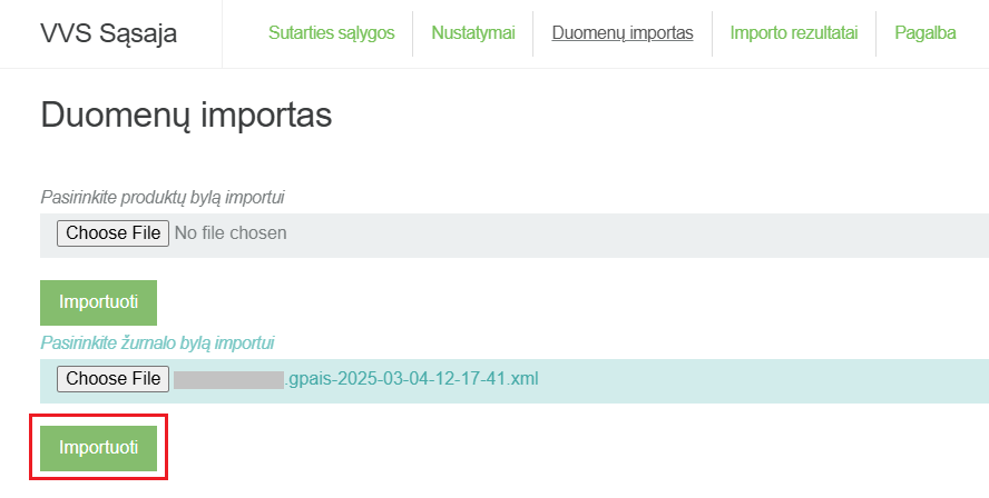 Importavimo mygtukas GPAIS žurnalo bylai įkelti