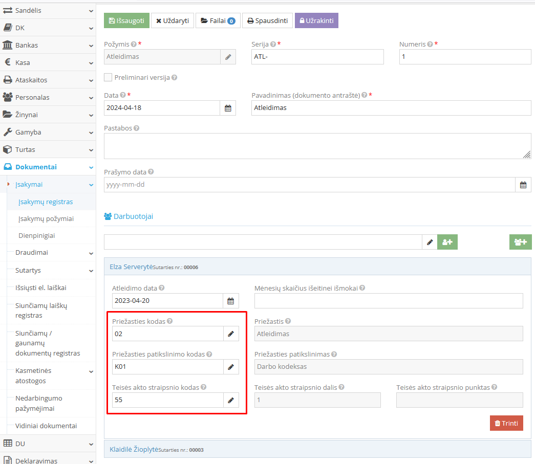 Atleidimo informacijos pildymas Sodrai