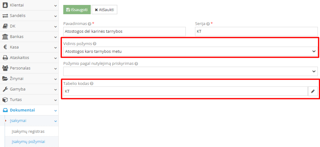 Įsakymo požymio KT pavyzdys