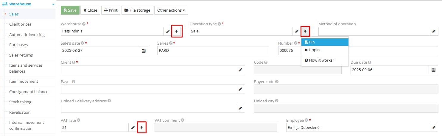 Selecting Pin option for automatic information loading