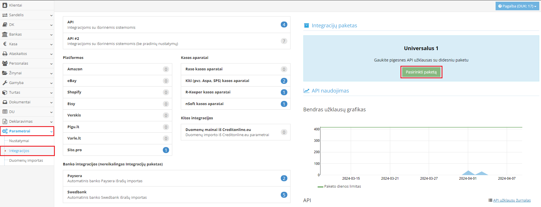 Integracijų paketo pasirinkimo mygtukas