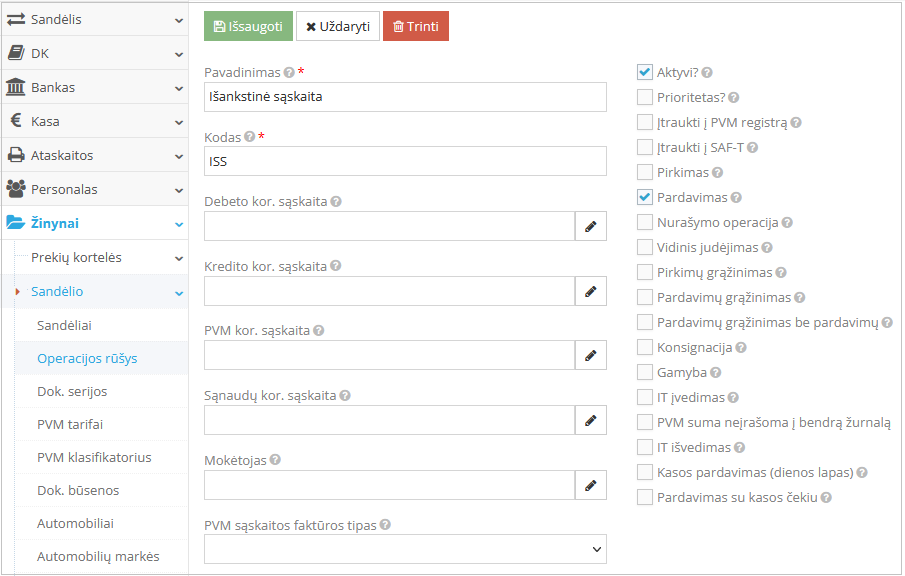 Operacijos rūšies sukūrimo langas apskaitos sistemoje