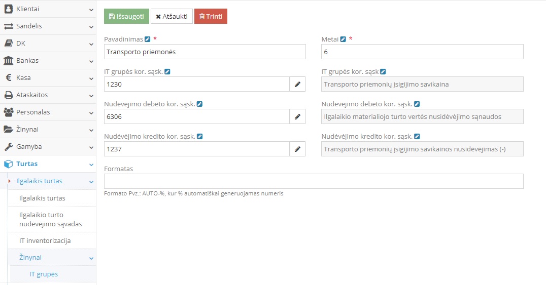 Ilgalaikio turto grupės transporto priemonėms
