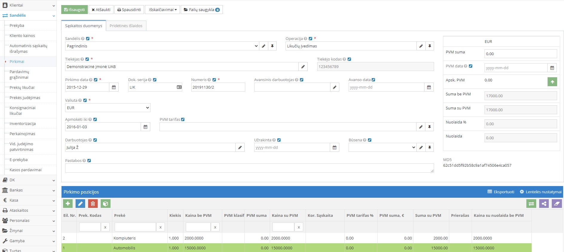 Ilgalaikio turto pirkimo įrašo registravimas