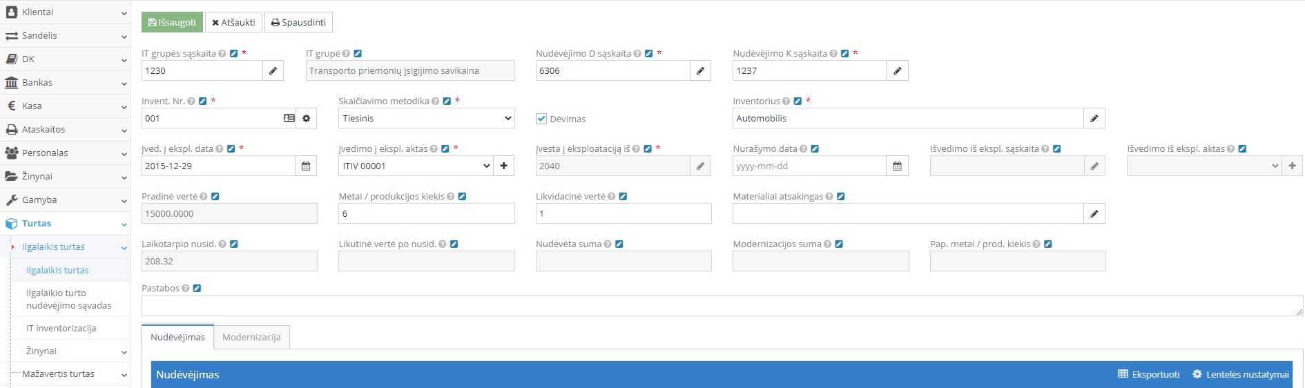 Ilgalaikio turto įvedimo dokumento pildymas automobiliui