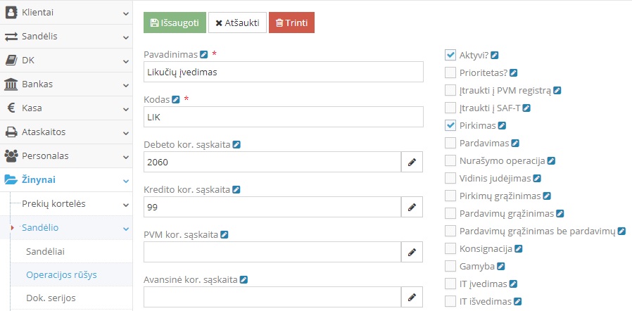 Likučių įvedimo operacijos sukūrimas ilgalaikiam turtui