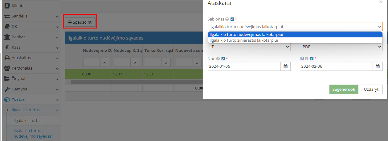 Ilgalaikio turto nusidėvėjimo sąvado langas