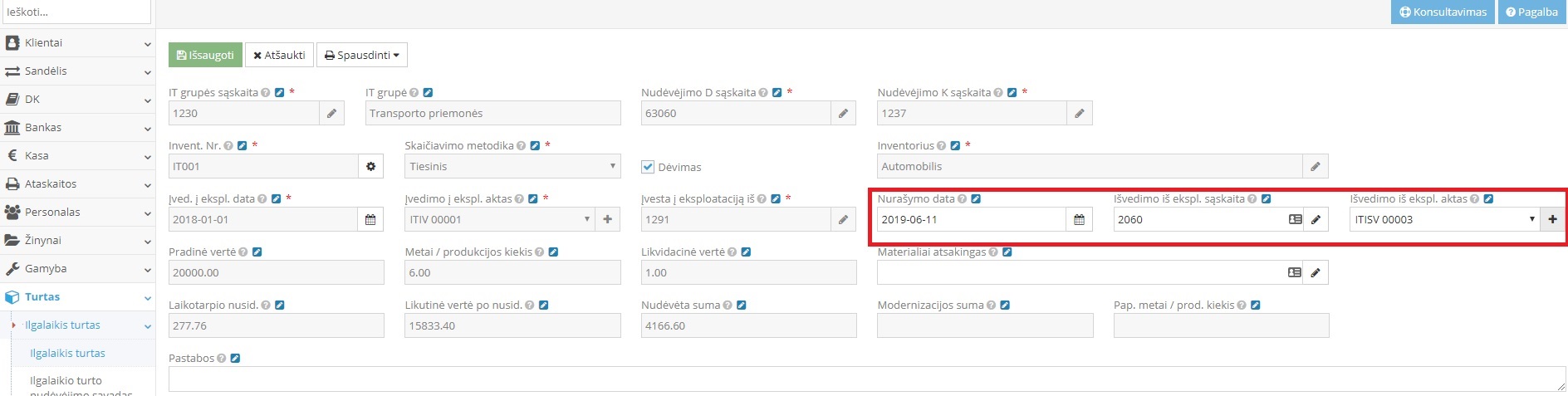 Ilgalaikio turto išvedimo iš eksploatacijos veiksmai ir langas