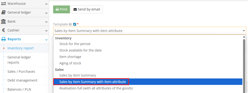 Example of sales by item summary report with attributes