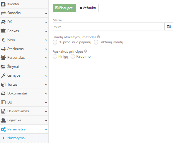 Išlaidų atskaitymo metodo ir apskaitos principo pasirinkimo langas