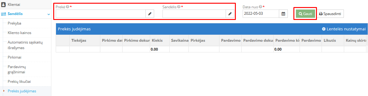 Prekės judėjimo ataskaitos formavimo langas