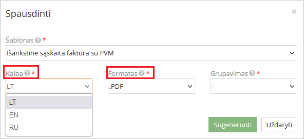 Sąskaitos formavimo kalbos ir formato pasirinkimo galimybės