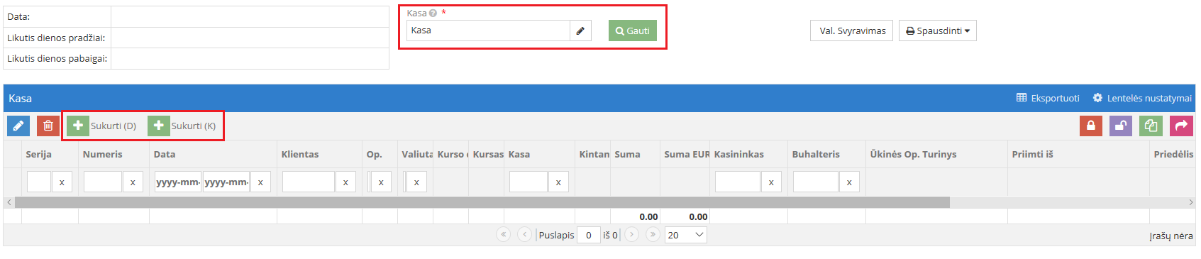 Kasos žinyno ir parametrų nustatymas
