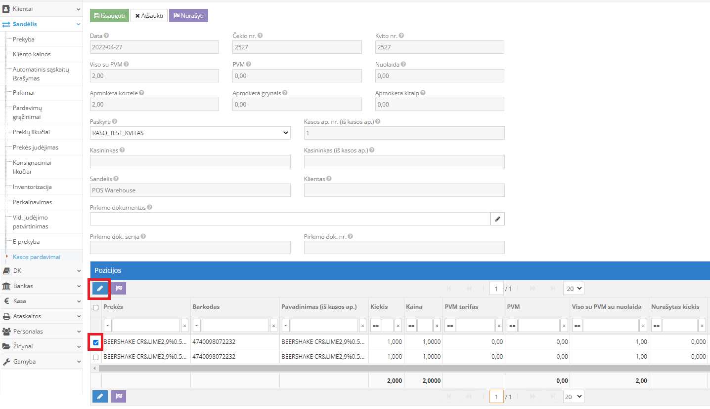 Kasos pardavimo įrašo koregavimas