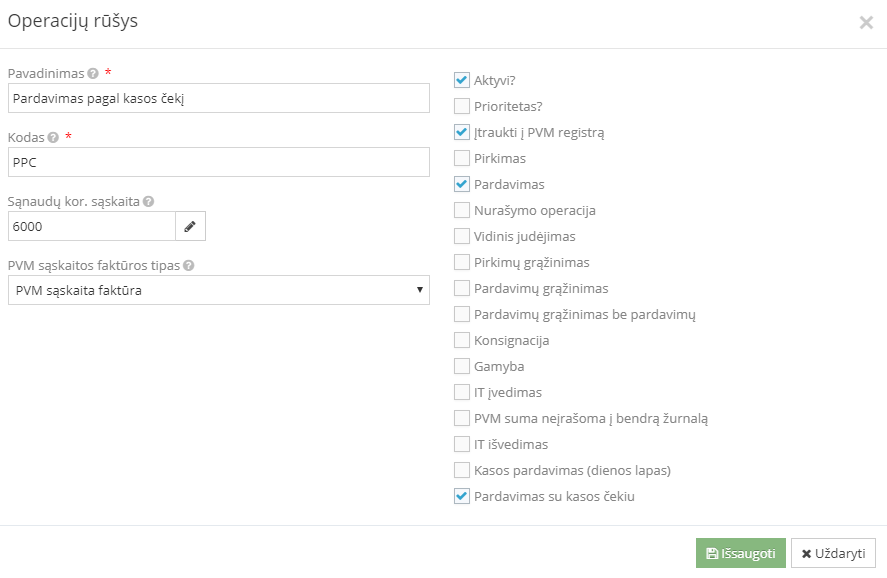 Pardavimo su kasos čekiu pavyzdys
