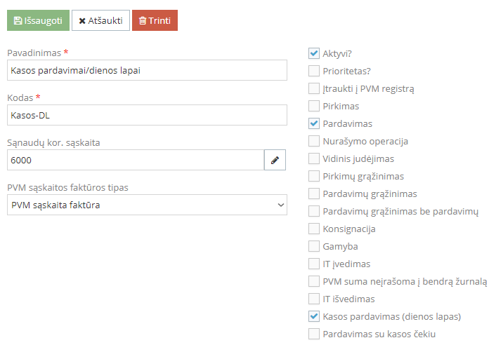 Operacijos rūšies kūrimas dienos ataskaitai