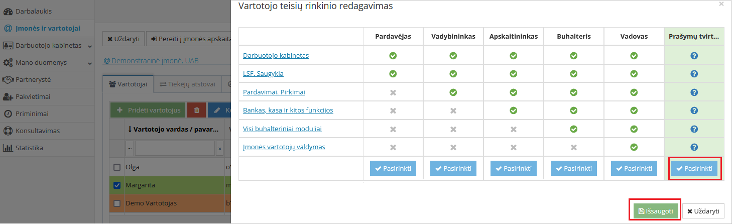 Окно изменения набора прав для сотрудника