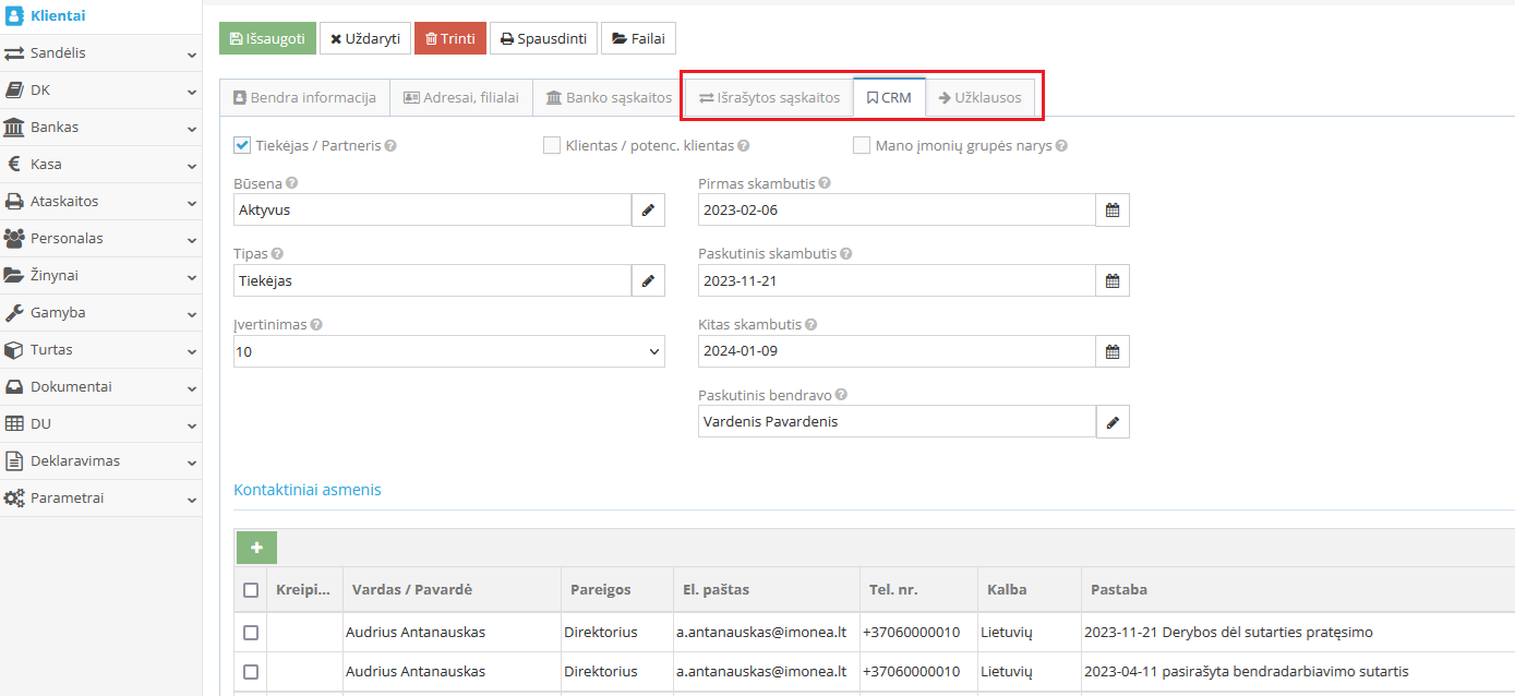 Kliento kortelės CRM ir sąskaitų peržiūros langas