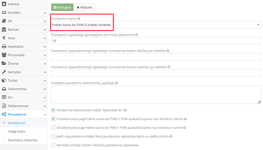Prekės kainos nustatymo parametras