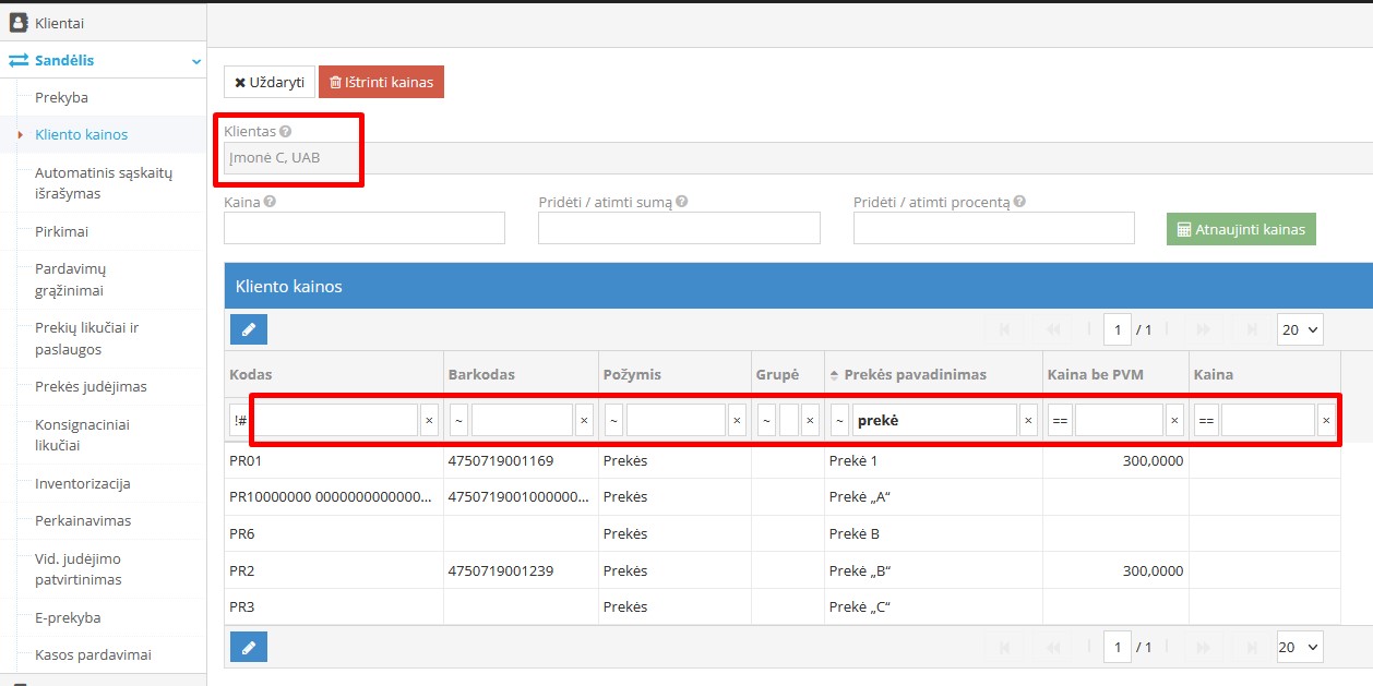 Kliento kainų nustatymo langas