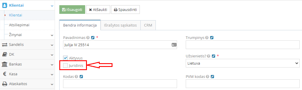 Kliento kortelės modulio nustatymai fiziniams asmenims