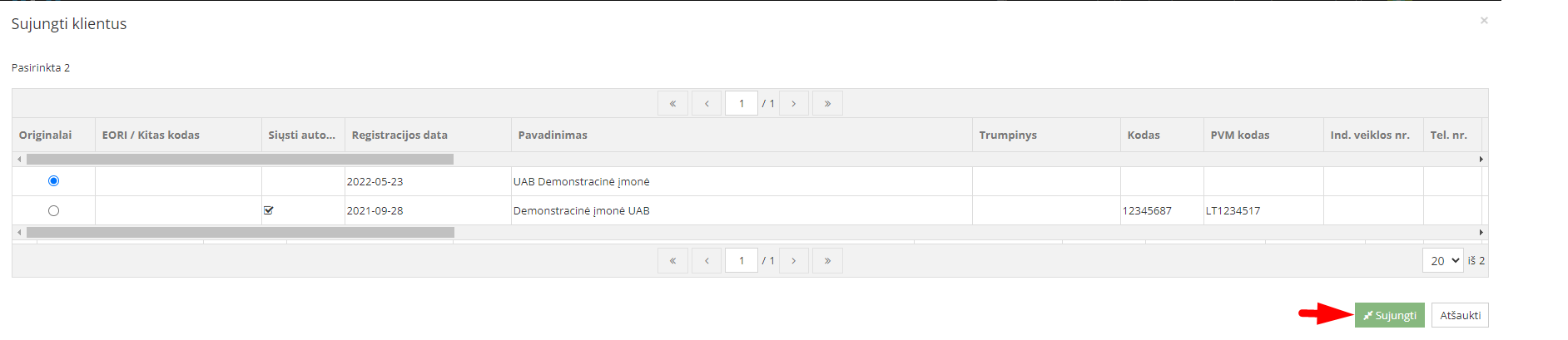 Langas klientų sujungimui ir pasirinkimo žymėjimas