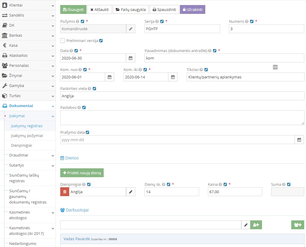 Komandiruotės įsakymo suformavimas ir dienų nurodymas