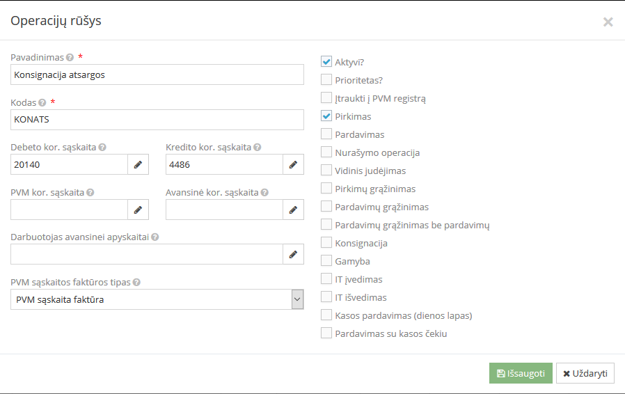 Konsignacijos atsargų operacijos rūšis