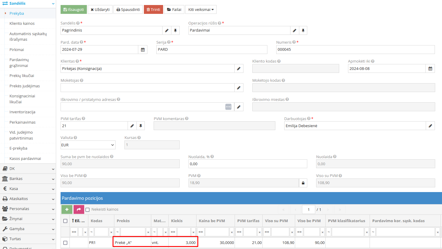 Automatiškai atidarytas pardavimo įrašas po konsignacijos