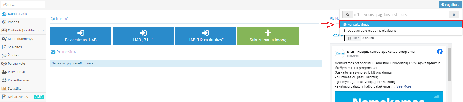 Konsultavimo pasirinkimo langas