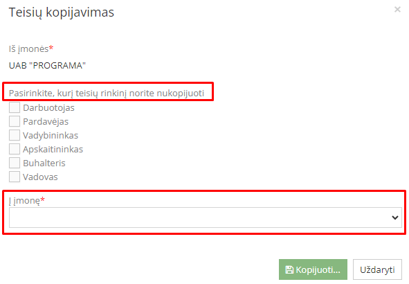 Окно копирования набора прав в программе