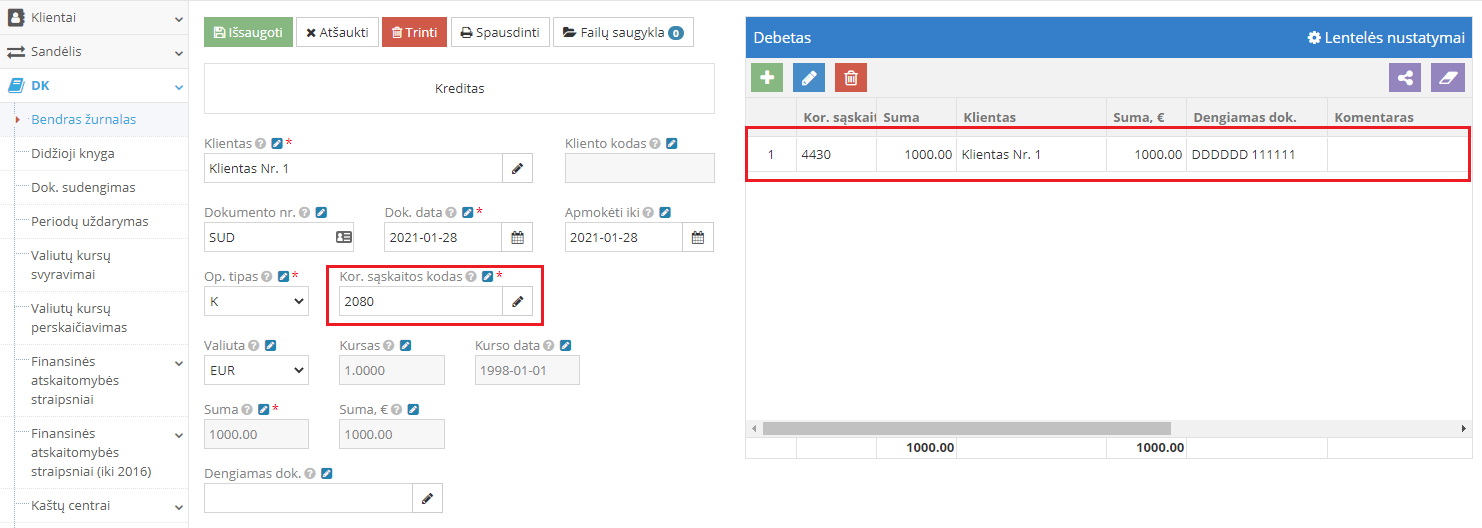 Dokumento informacijos koregavimo langas