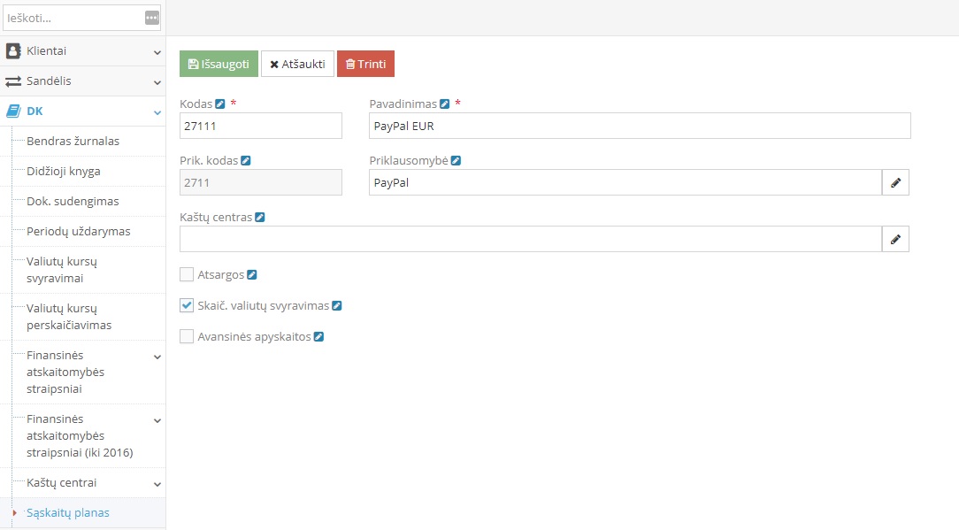 Detali kor. sąskaitos informacijos peržiūra