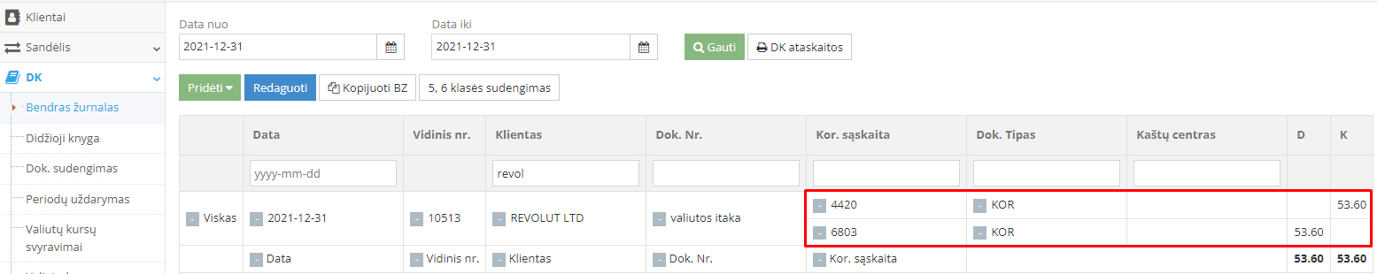 Išsaugoto korekcinio įrašo atvaizdavimas žurnale