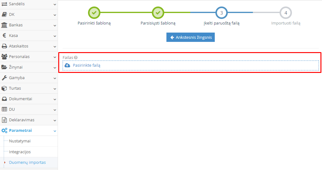 Prekių kortelių failo įkėlimo langas
