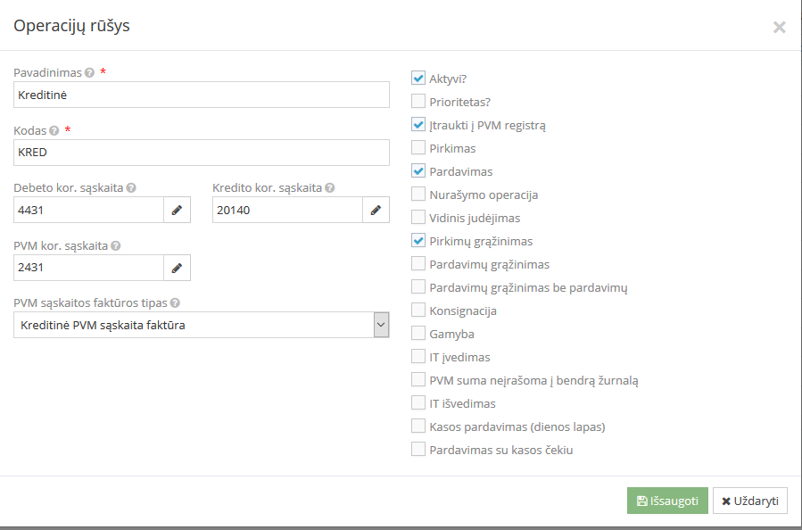 Kreditinės operacijos registravimo pavyzdys