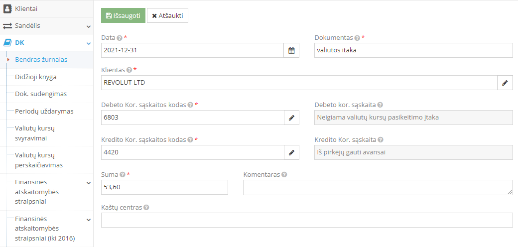 Korekcinio įrašo duomenų pildymo langas