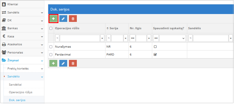 Naujos dokumentų serijos kūrimo mygtukas