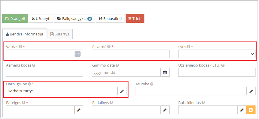 Vadovo kūrimo forma su privalomais laukais