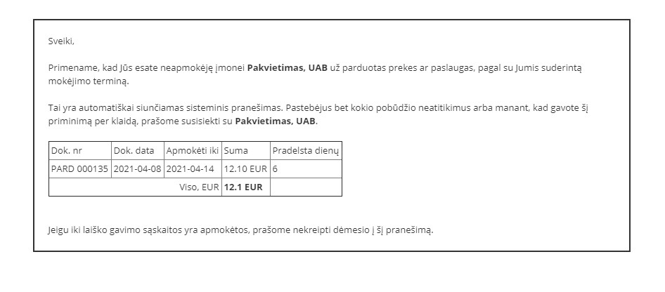 Skolų priminimo laiško peržiūra