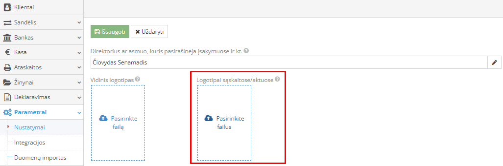 Logotipo pridėjimas prie pardavimo sąskaitos