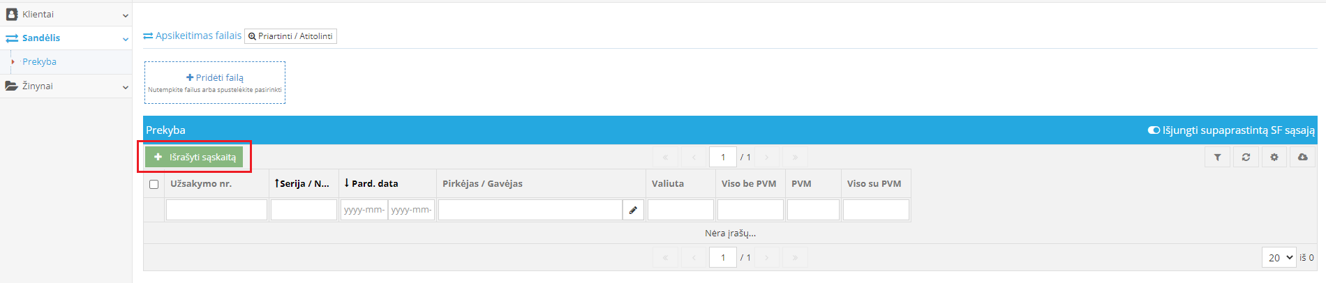 Prekybos modulio naujo įrašo sukūrimo mygtukas