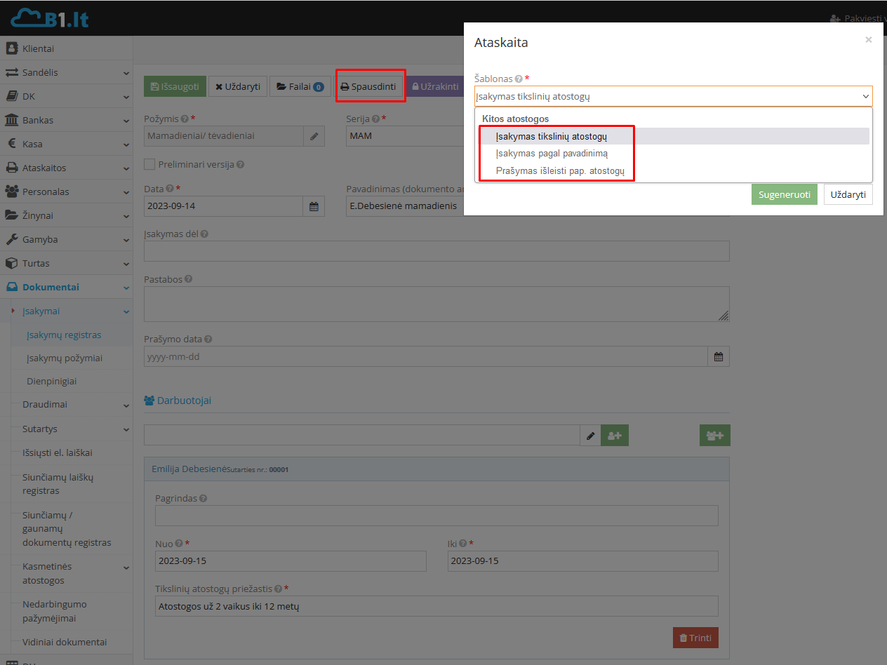 Mamadienio įsakymo spausdinimo mygtukas
